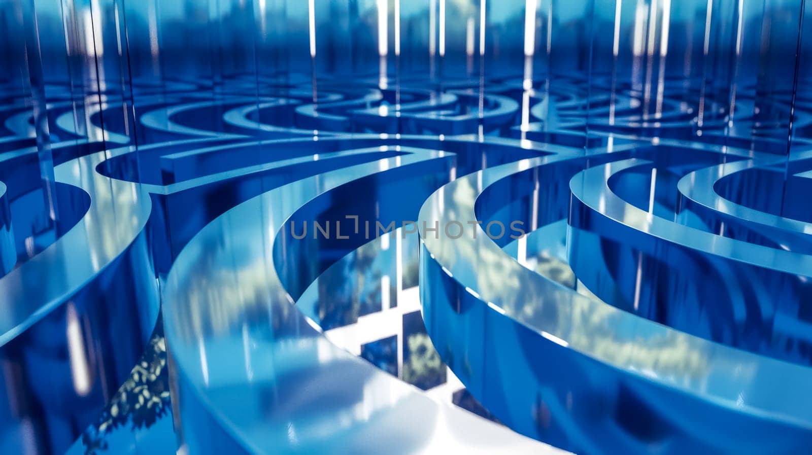 Abstract, blue-toned maze with a modern, reflective surface creating a concept of complexity