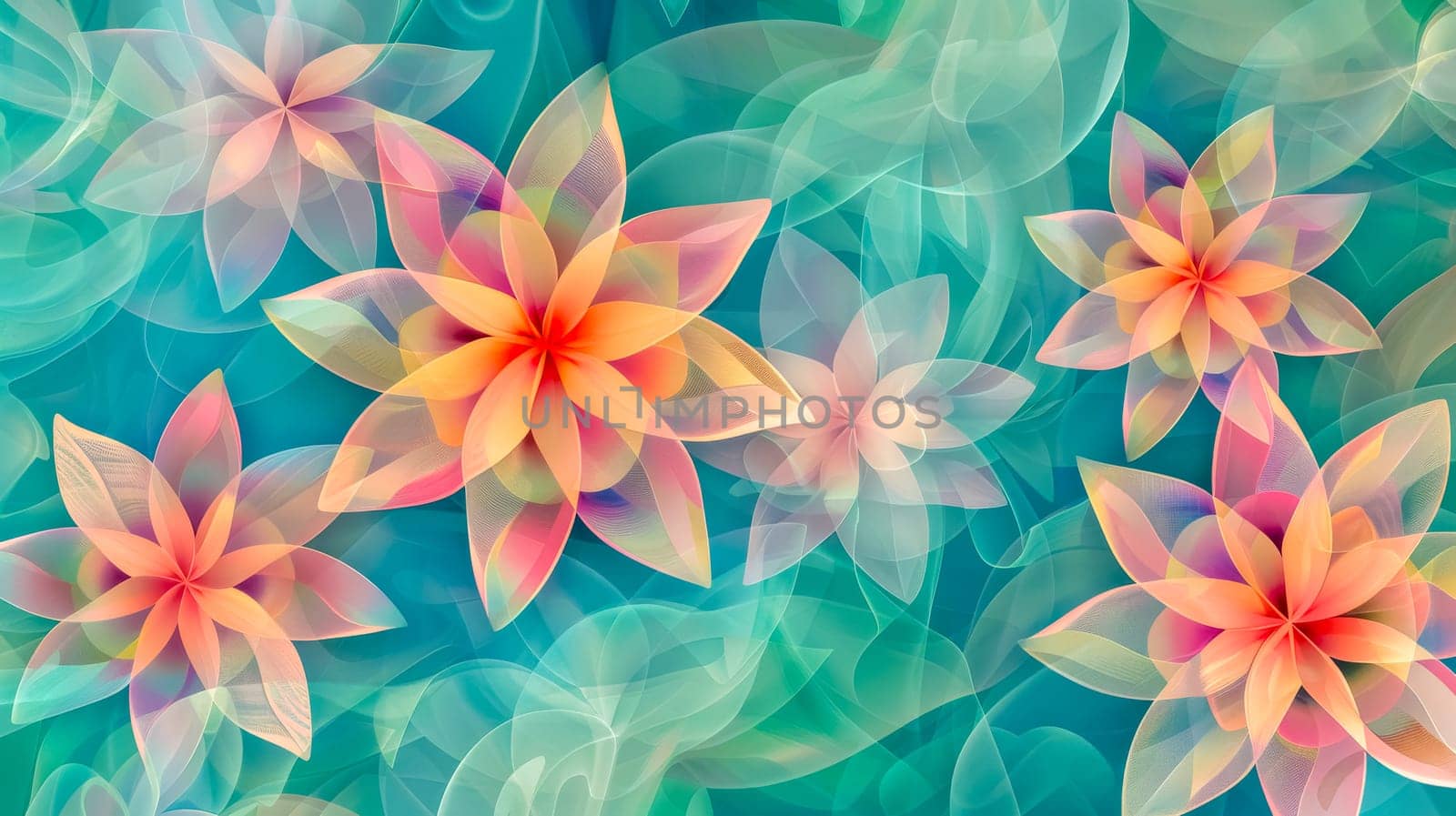 Vibrant digital floral pattern with gradient effects on a soothing aqua backdrop