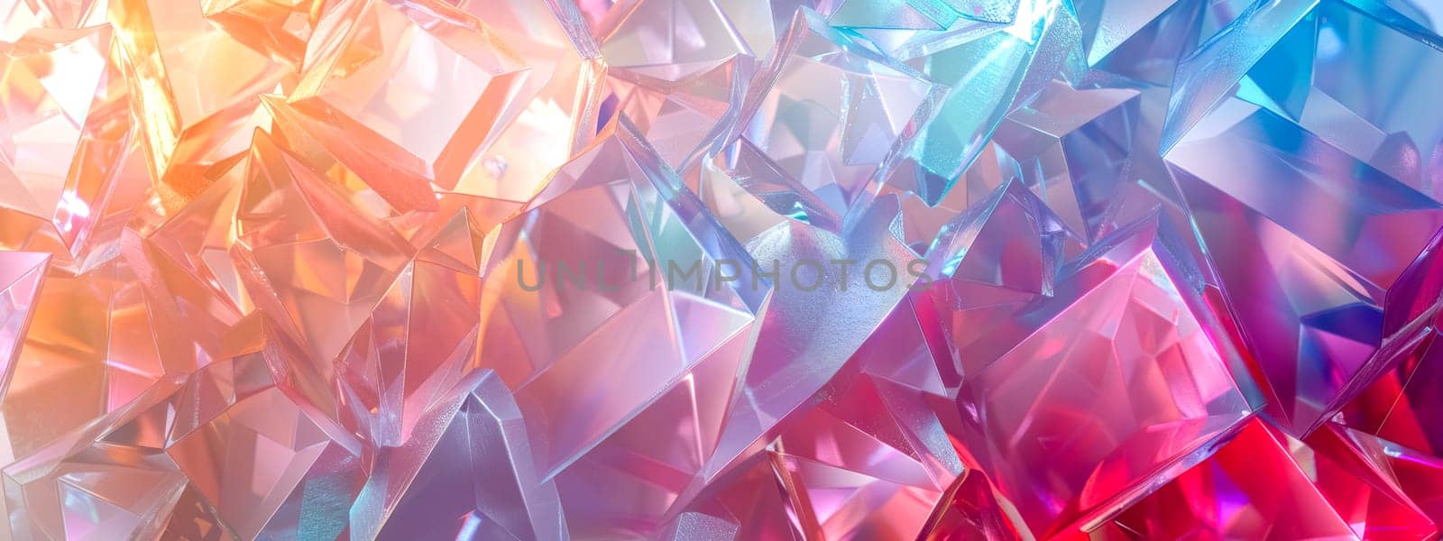 Panoramic view of vibrant crystal shapes in a dynamic colorful gradient by Edophoto