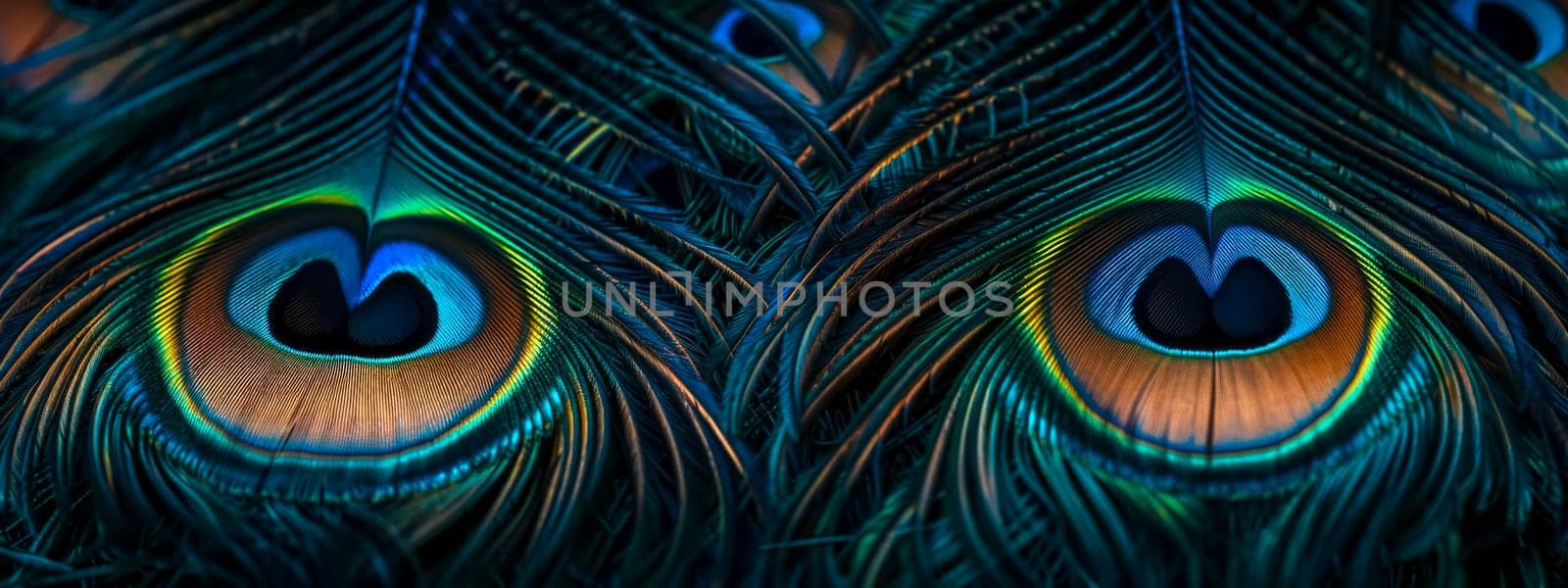 Close-up macro photography of iridescent peacock feathers showcasing vibrant colors and intricate natural patterns with a shimmering, detailed texture