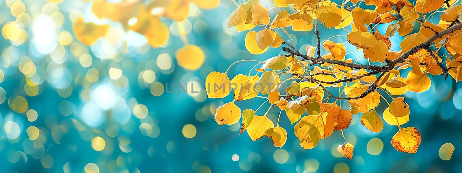 Vibrant autumnal scene with golden leaves against a dreamy bokeh light background