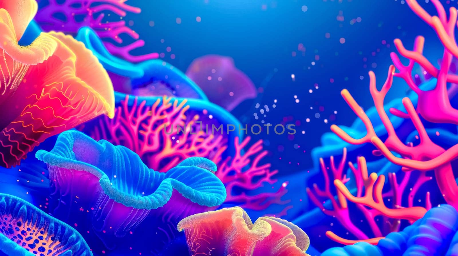 Colorful digital art depicting a diverse and lively coral reef beneath the ocean surface