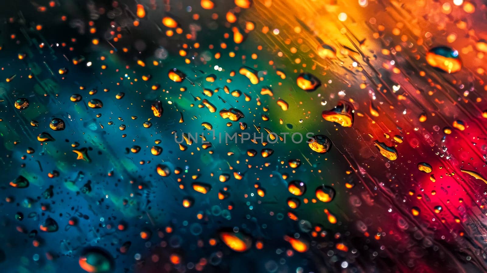 Close-up vibrant raindrops on glass surface with colorful water droplets creating a mesmerizing and abstract macro texture. Reflecting a blurred background with a rainbow of colors and a shiny