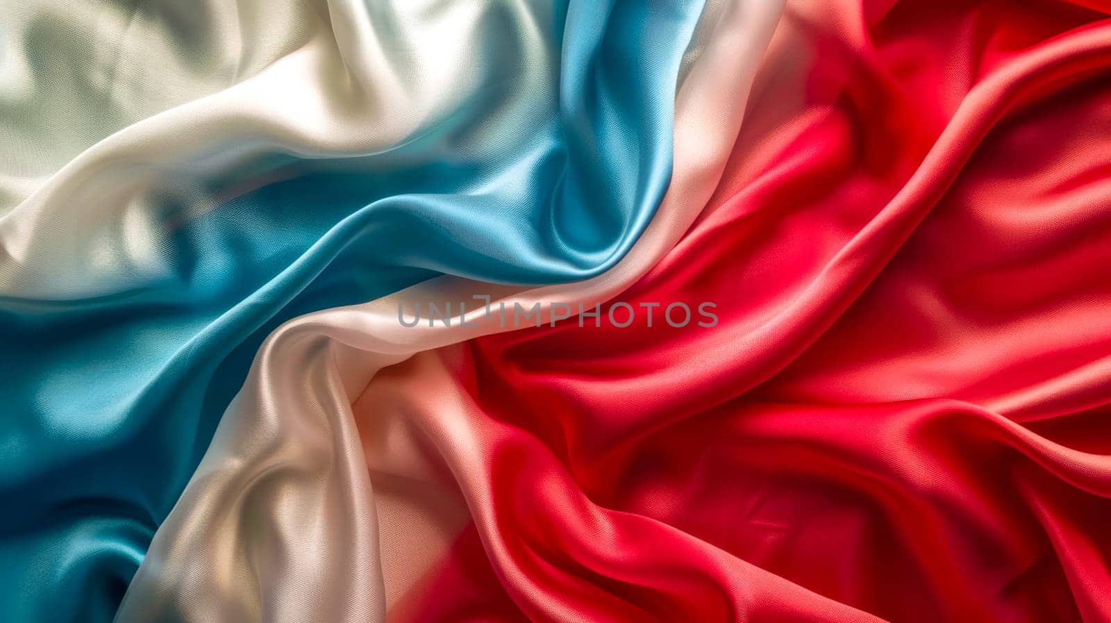 Elegant drapery of satin fabric in red, white, and blue creating a flowing abstract pattern