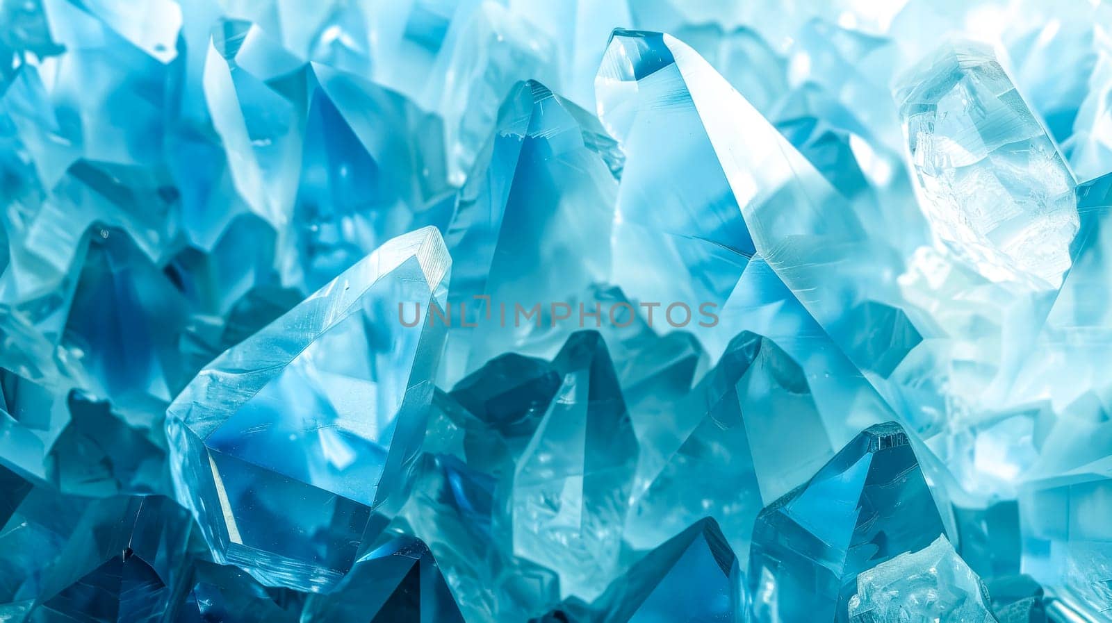 Close-up shot of abstract crystal ice background with vivid blue tones and geometric structure. Showcasing the sharp. Transparent. And elegant mineral texture