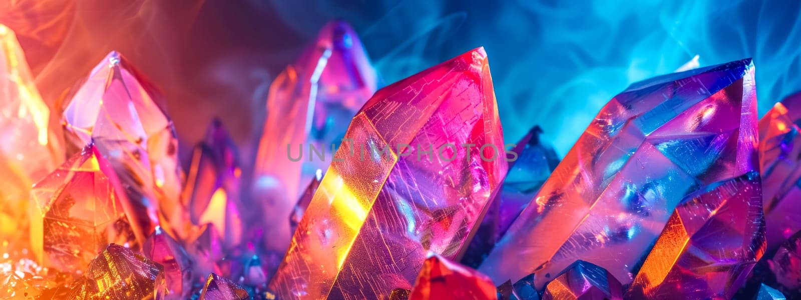 Abstract image of illuminated crystals in vibrant blue and red lights, suitable for backgrounds