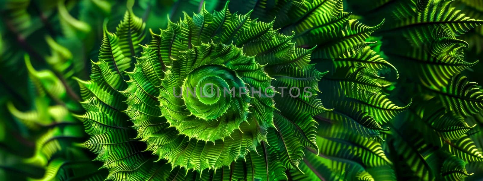 Detailed macro photo showcasing the natural spiral pattern of a vibrant green fern