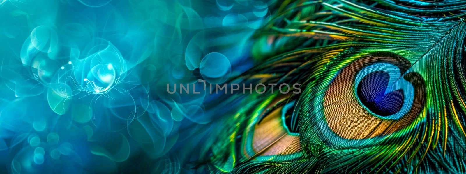 Detailed macro shot of colorful peacock feather with shimmering blue bokeh background