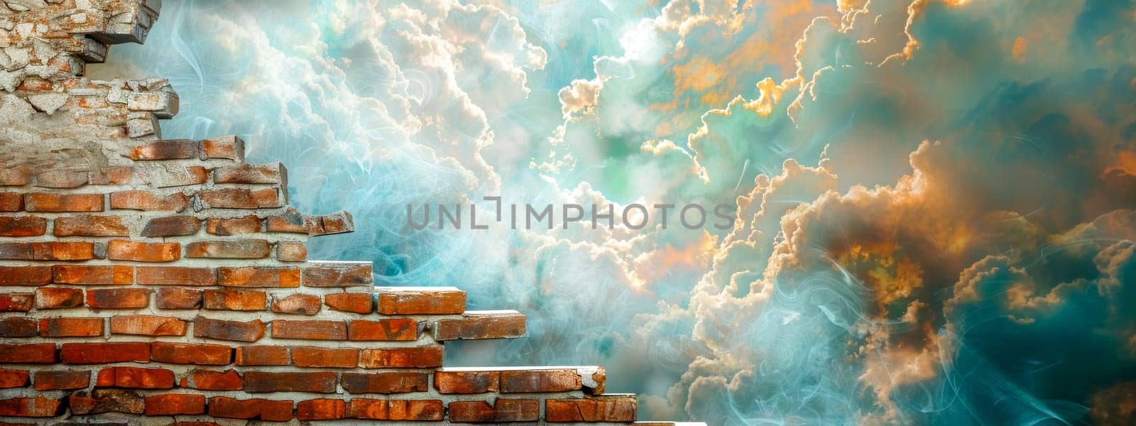 Surreal image of an old brick staircase leading up to a vibrant, cloudy sky with ethereal lighting