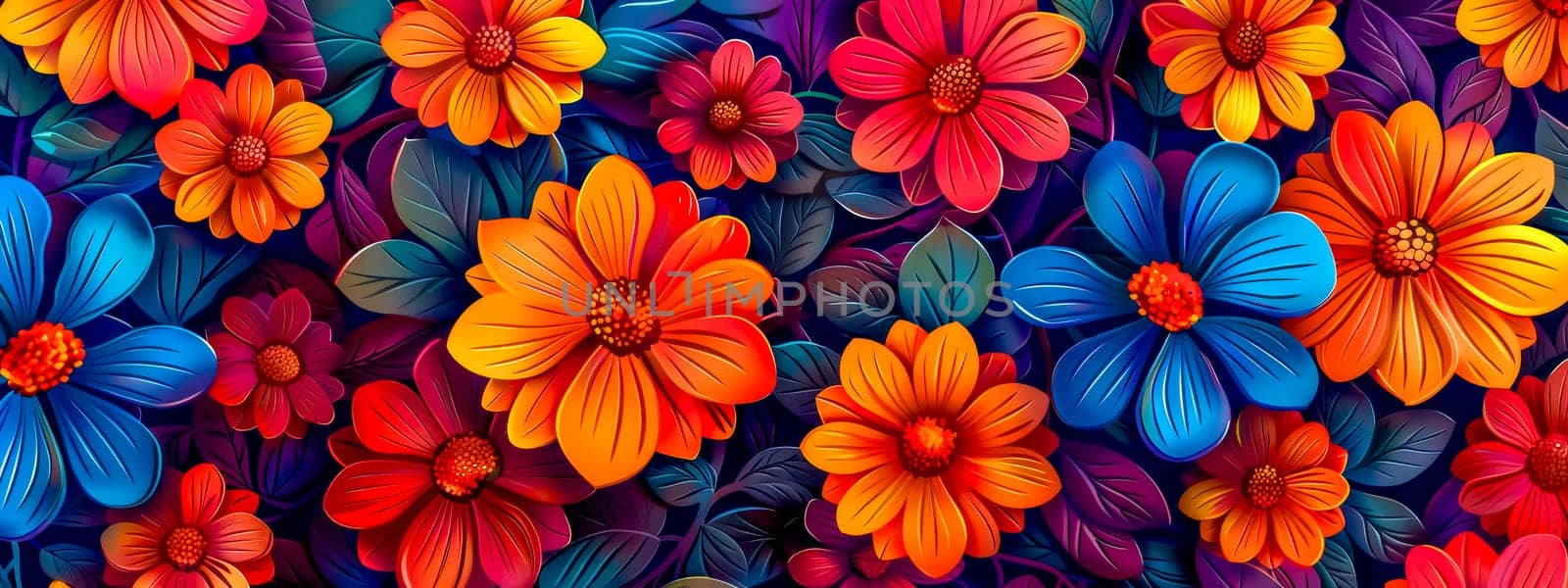 Seamless pattern of vivid, multi-colored flowers perfect for design use
