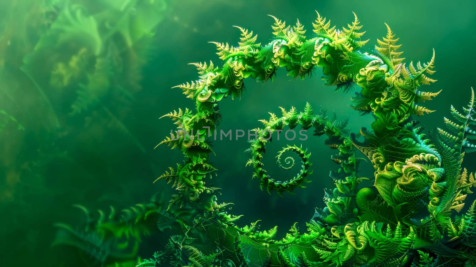 Digital artwork of a mystical sea world with swirling green coral formations on a vibrant background
