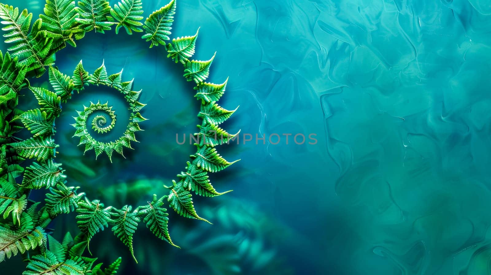 A vivid green fern spiral showcasing natural geometry, contrasted with a tranquil blue water backdrop