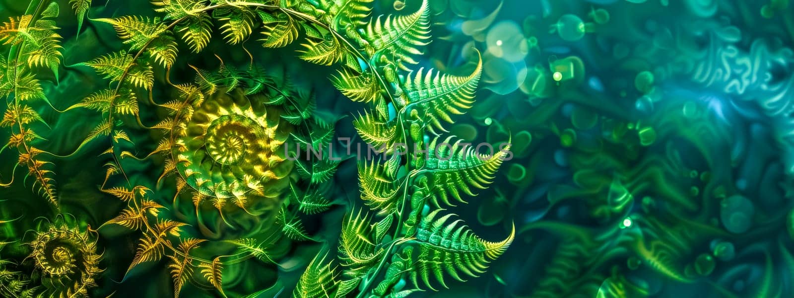 Digital art of lush fern leaves with sparkling bokeh effects in vibrant green hues