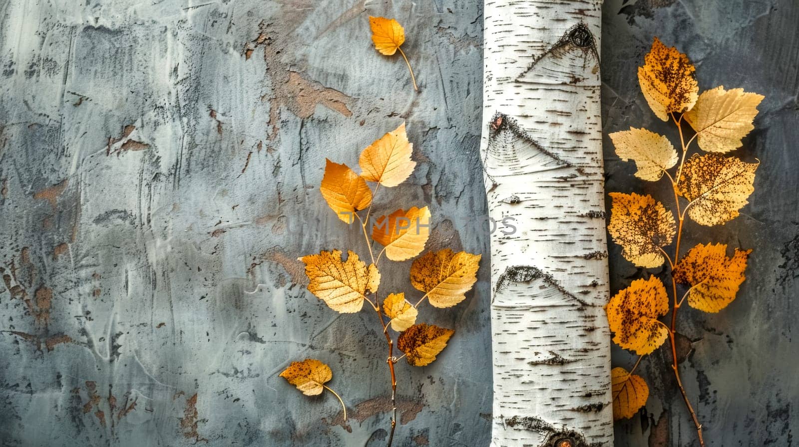 Golden autumn leaves on birch branches set against a rustic grey backdrop