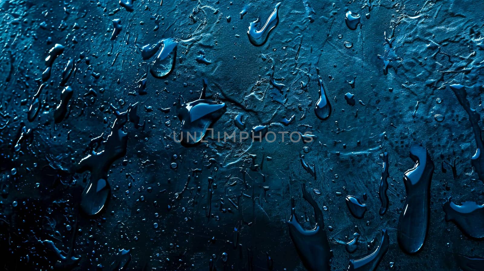 Close-up of glistening water drops on a dark blue textured background