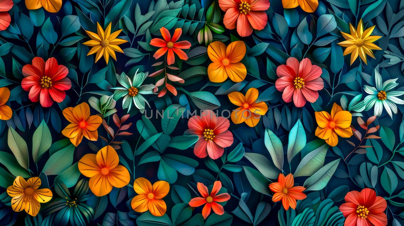Detailed texture of colorful handcrafted paper flowers and leaves in a dense floral pattern