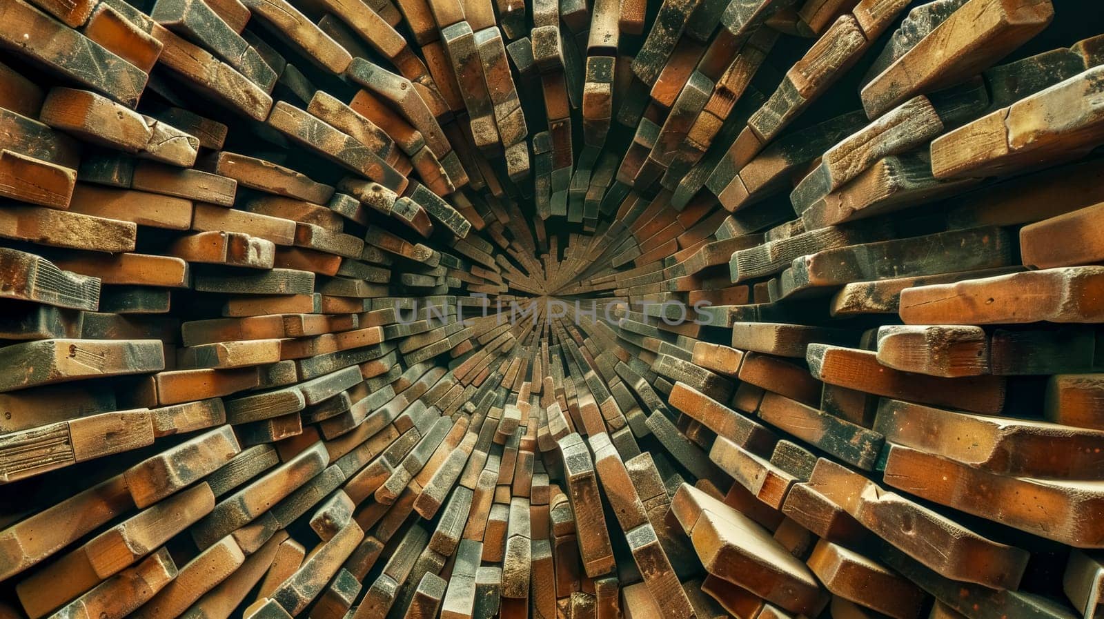 Captivating perspective view looking through a tunnel made of stacked wooden bricks