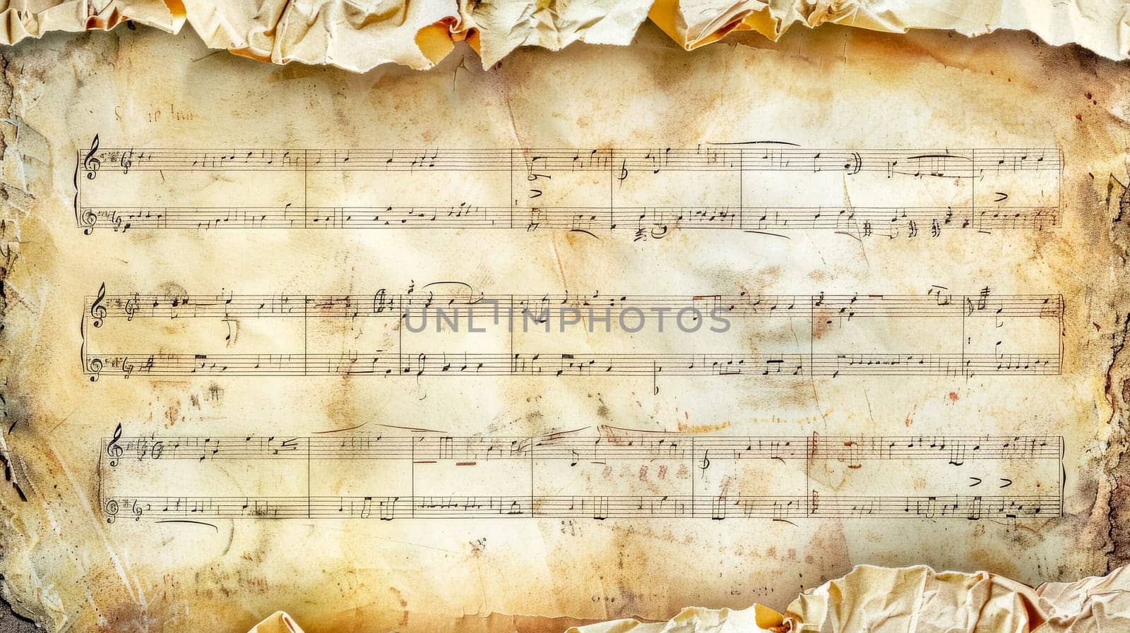 Vintage music sheet background with aged paper and classical musical notes on historical manuscript, old parchment with burned edges and grunge texture, perfect for artistic retro projects