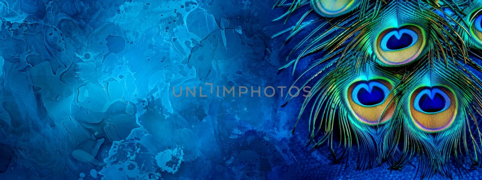 Abstract graphic composition with peacock feathers over a textured blue background