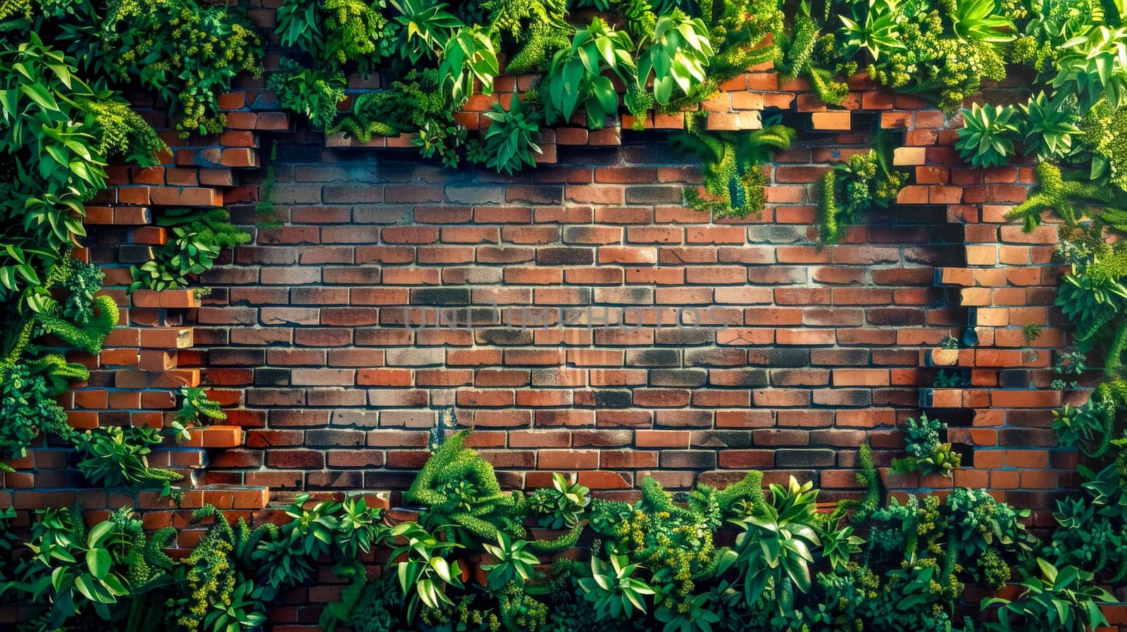 Lush foliage intertwines with a rustic red brick wall, creating a natural urban tapestry