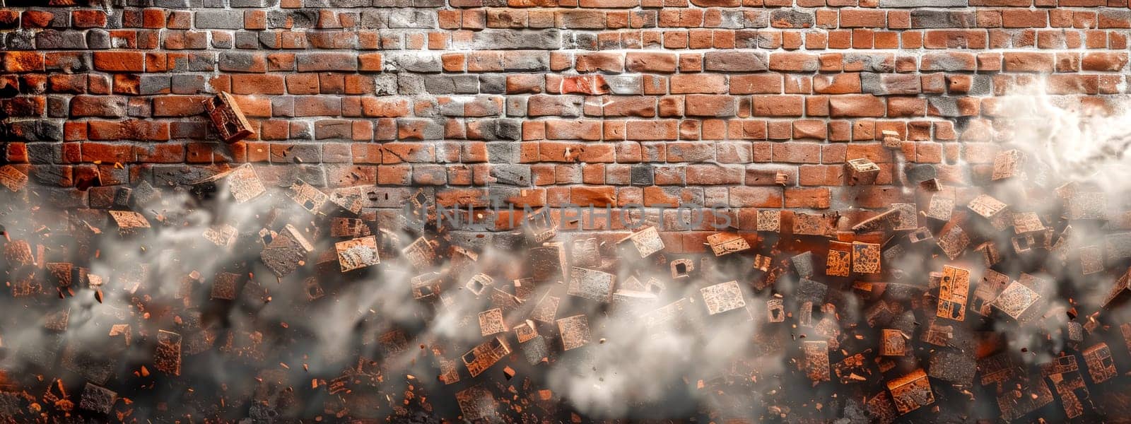 High-dynamic image of a brick wall in mid-explosion with dust and debris