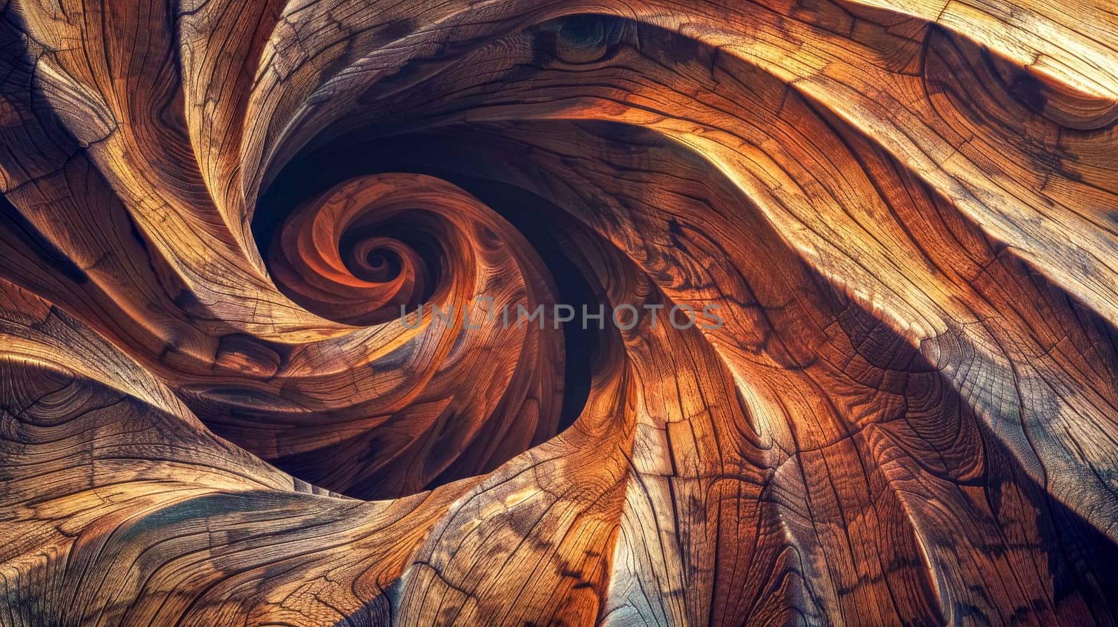 Captivating close-up shot of swirling wood grain patterns in a seamless abstract design
