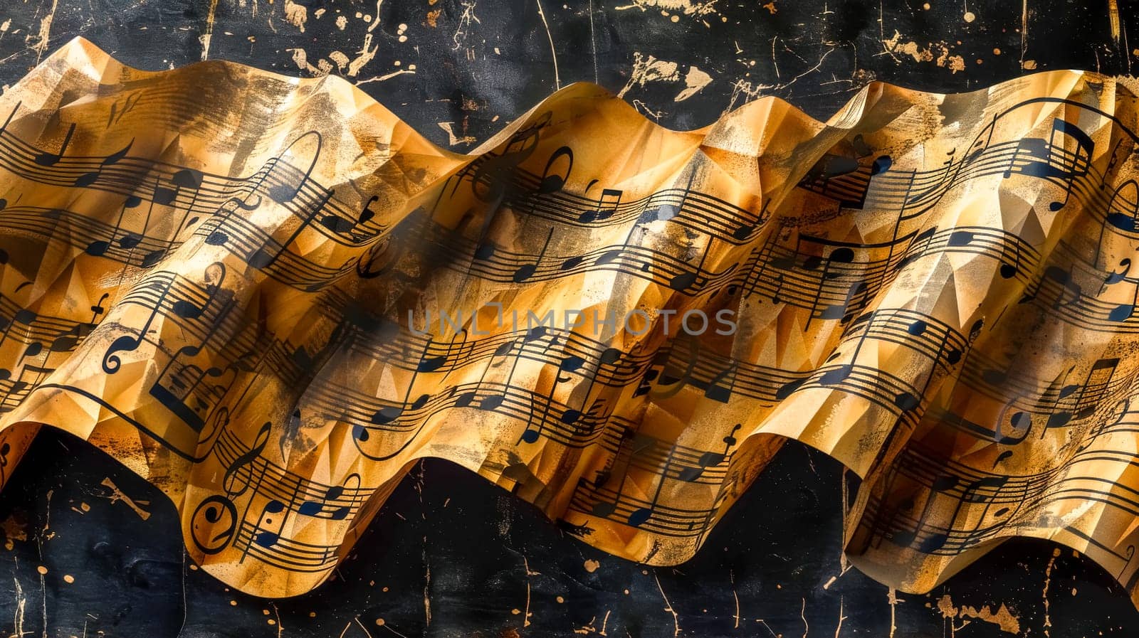 Wavy aged music sheet with notes on a grungy black backdrop by Edophoto
