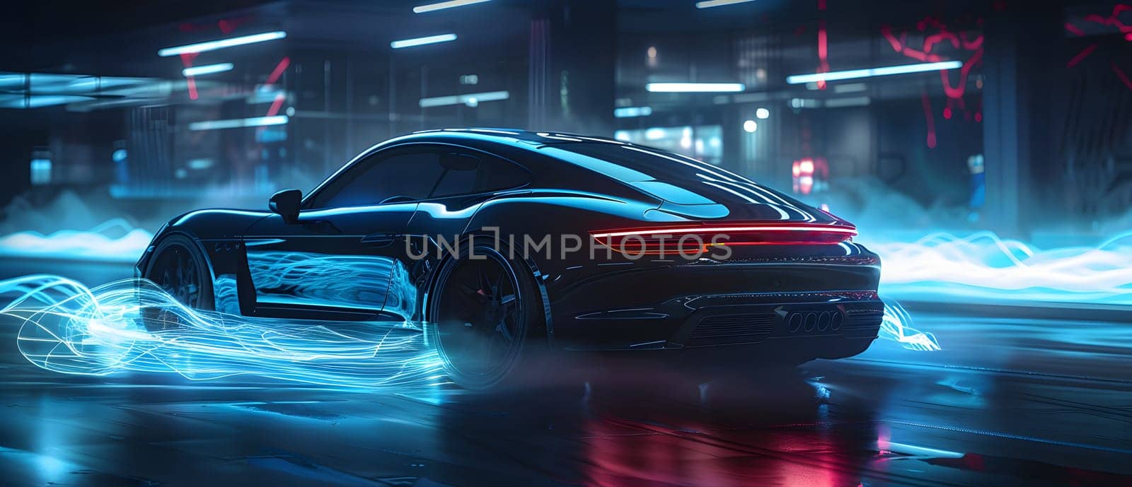 An electric blue personal luxury car with automotive lighting is cruising down a dark, wet street at night, showcasing its sleek automotive design and shiny bumper