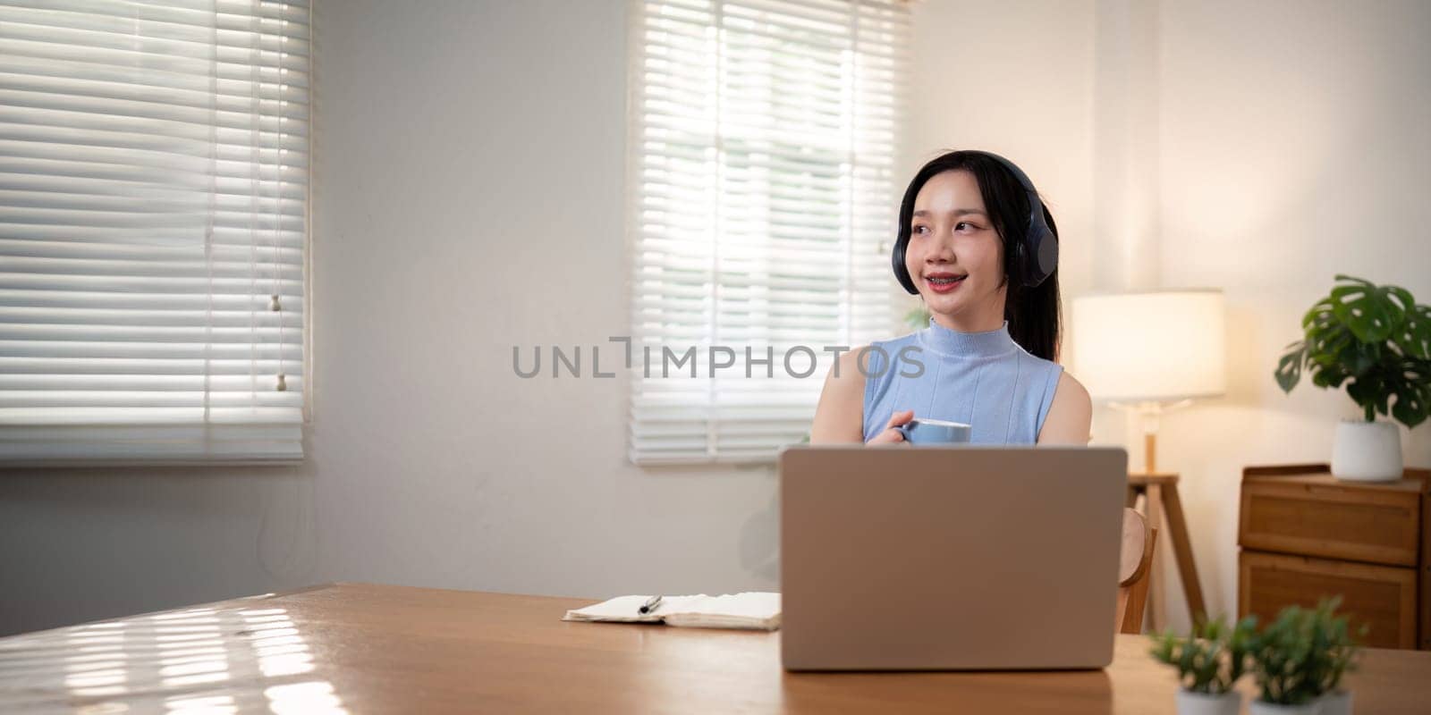 Happy young woman asian in headphones and laptop making notes, girl student talking by video conference call, online training by nateemee