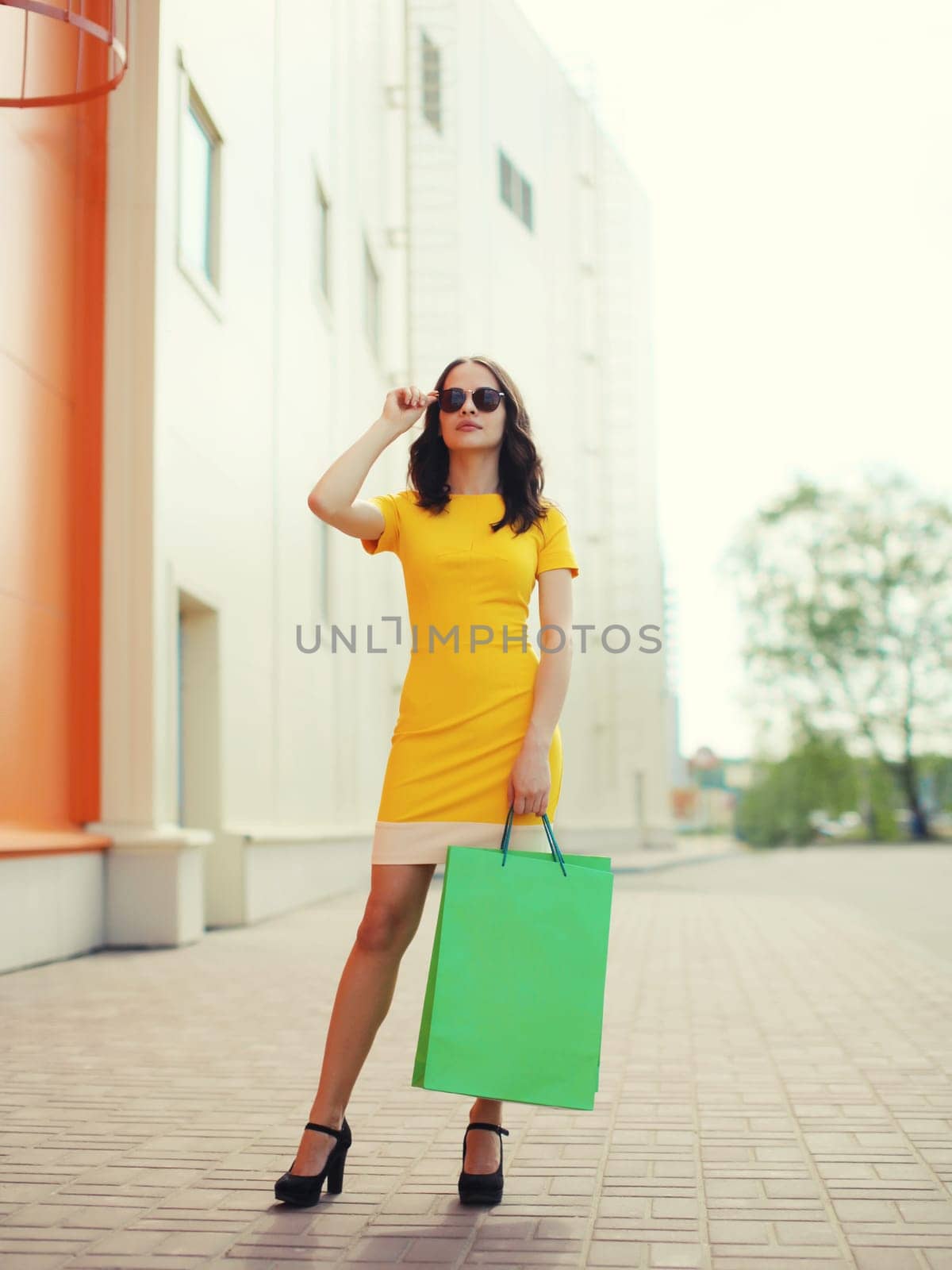 Stylish beautiful young woman full-length posing with shopping bags on city street