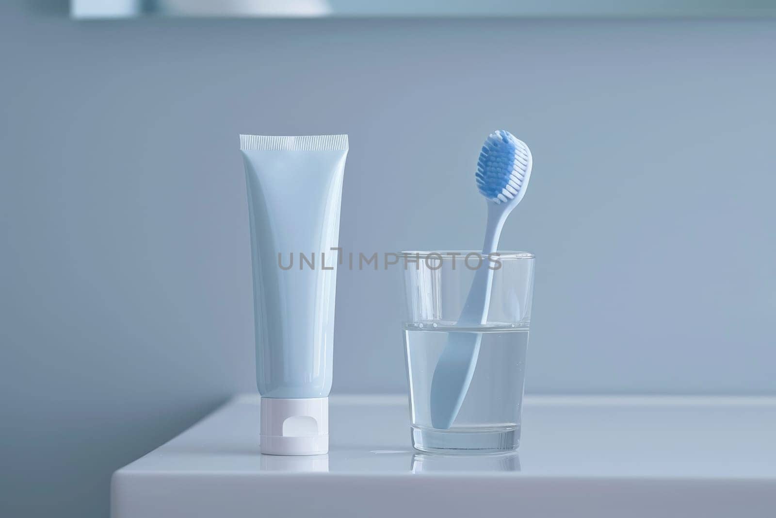 mockup tube of toothpaste and toothbrush inside a glass on a bathroom shelf.