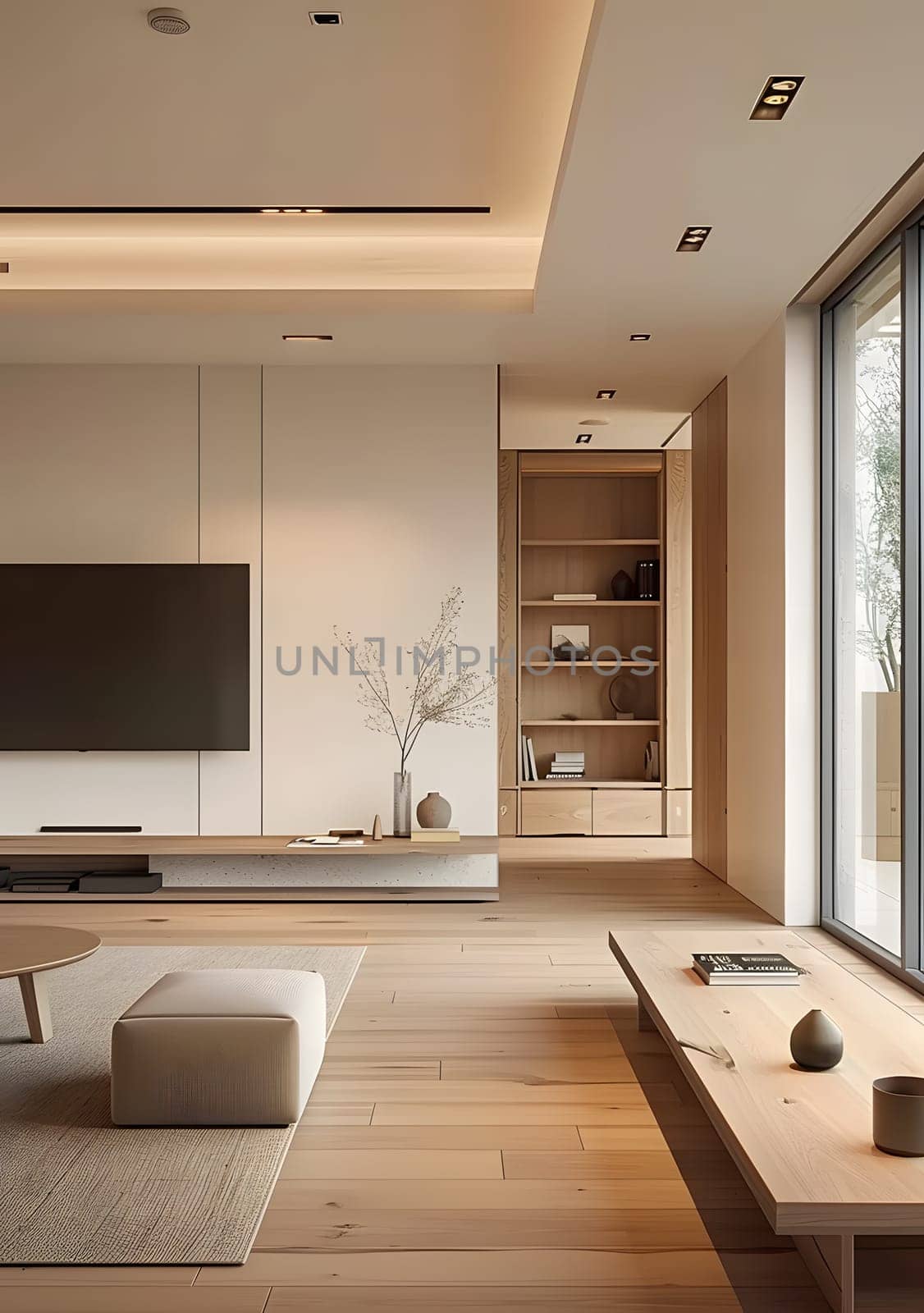 A living room with a flat screen TV mounted on the wall, featuring cabinetry and wood stain accents. The interior design combines elements of wood, building a cozy atmosphere