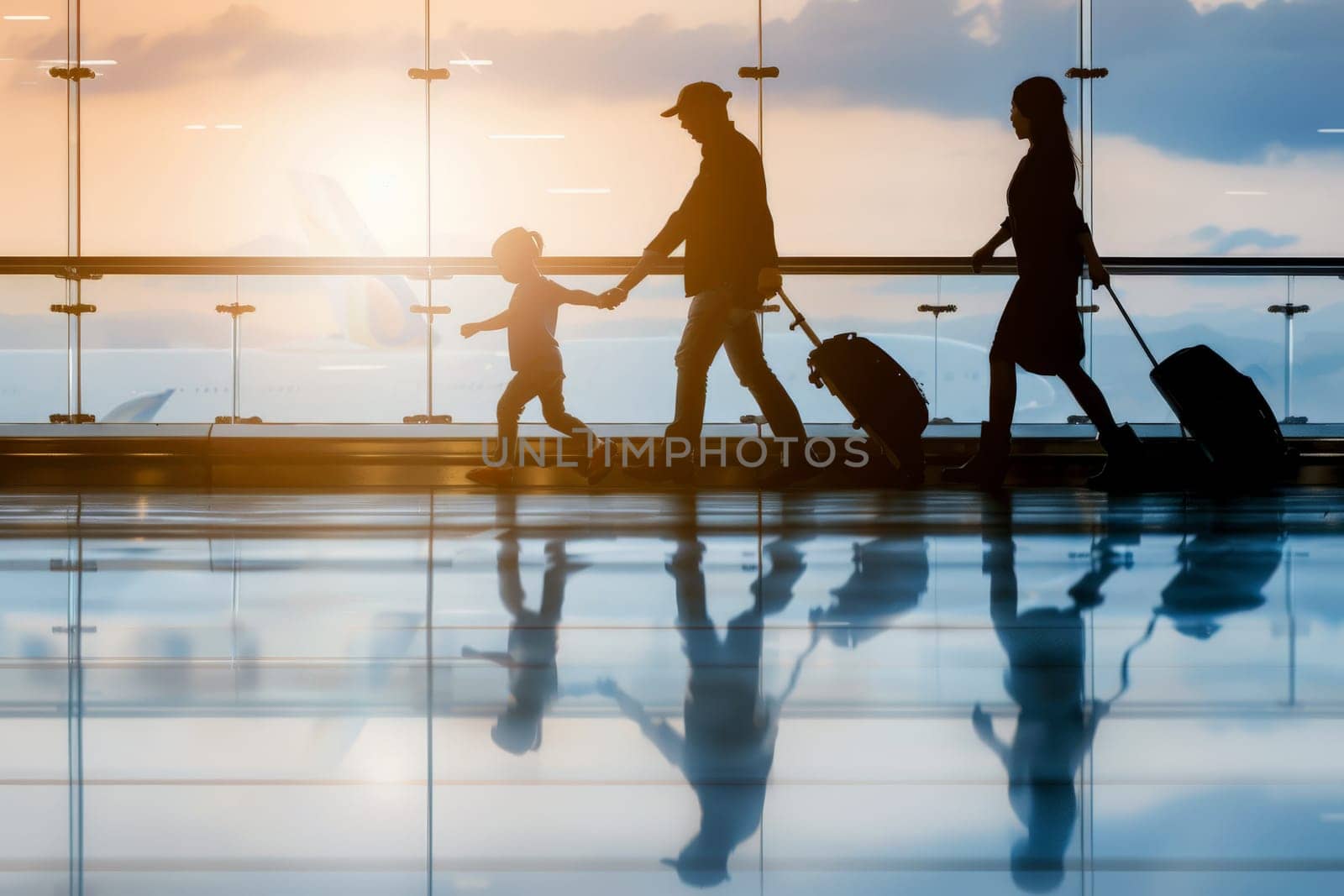 Family travel inside an airport terminal, Family Trip for Summer vacation.