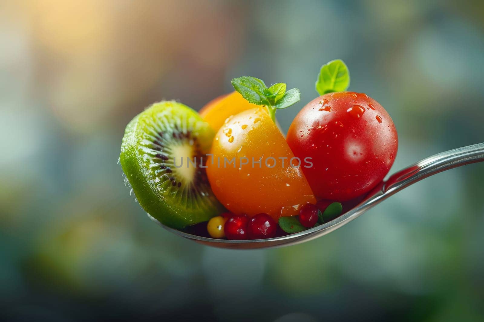 vegetables and fruits in a spoon, Healthy Food Eating, natural vitamin.