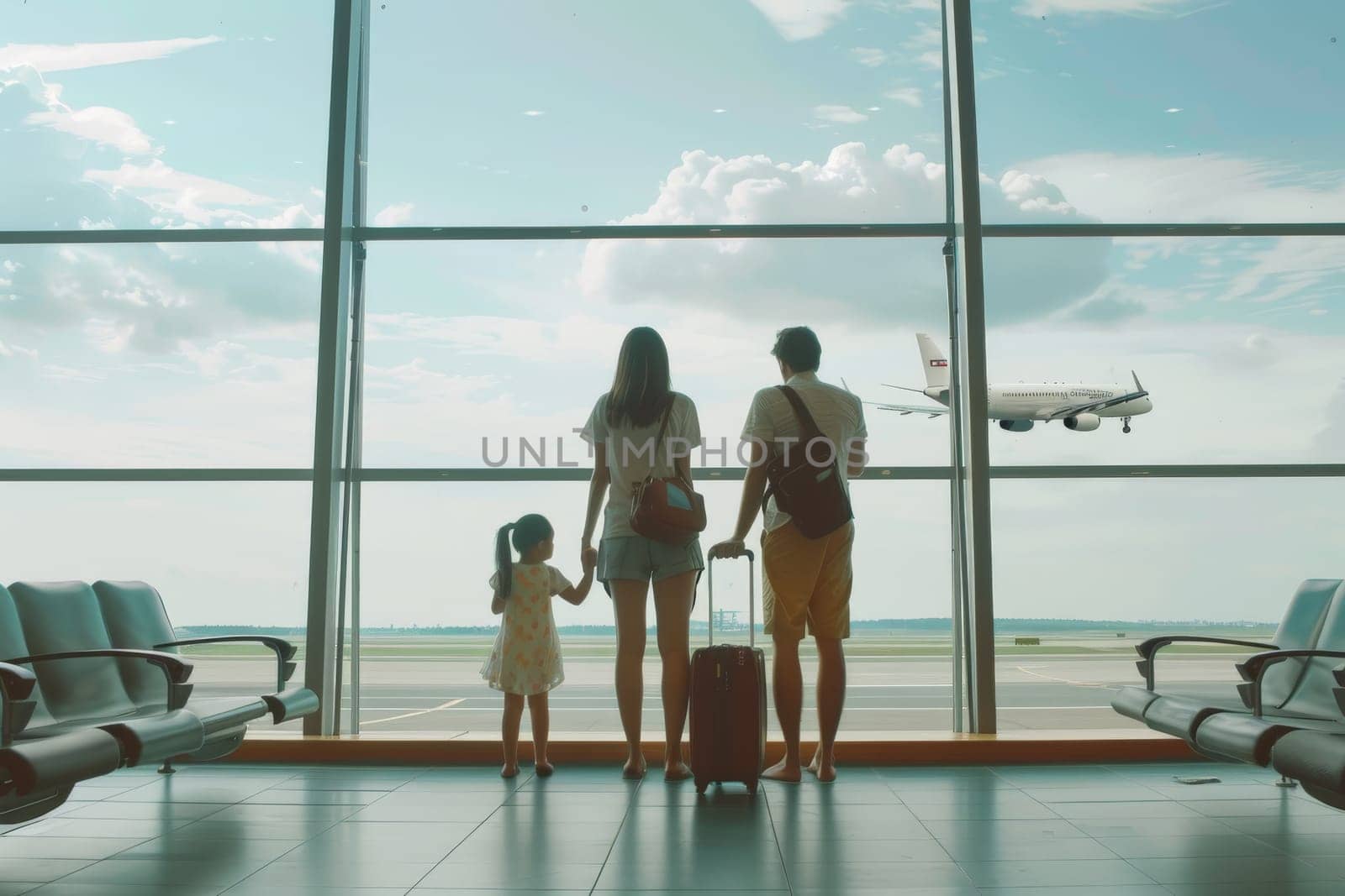 Family travel inside an airport terminal, Family Trip for Summer vacation.