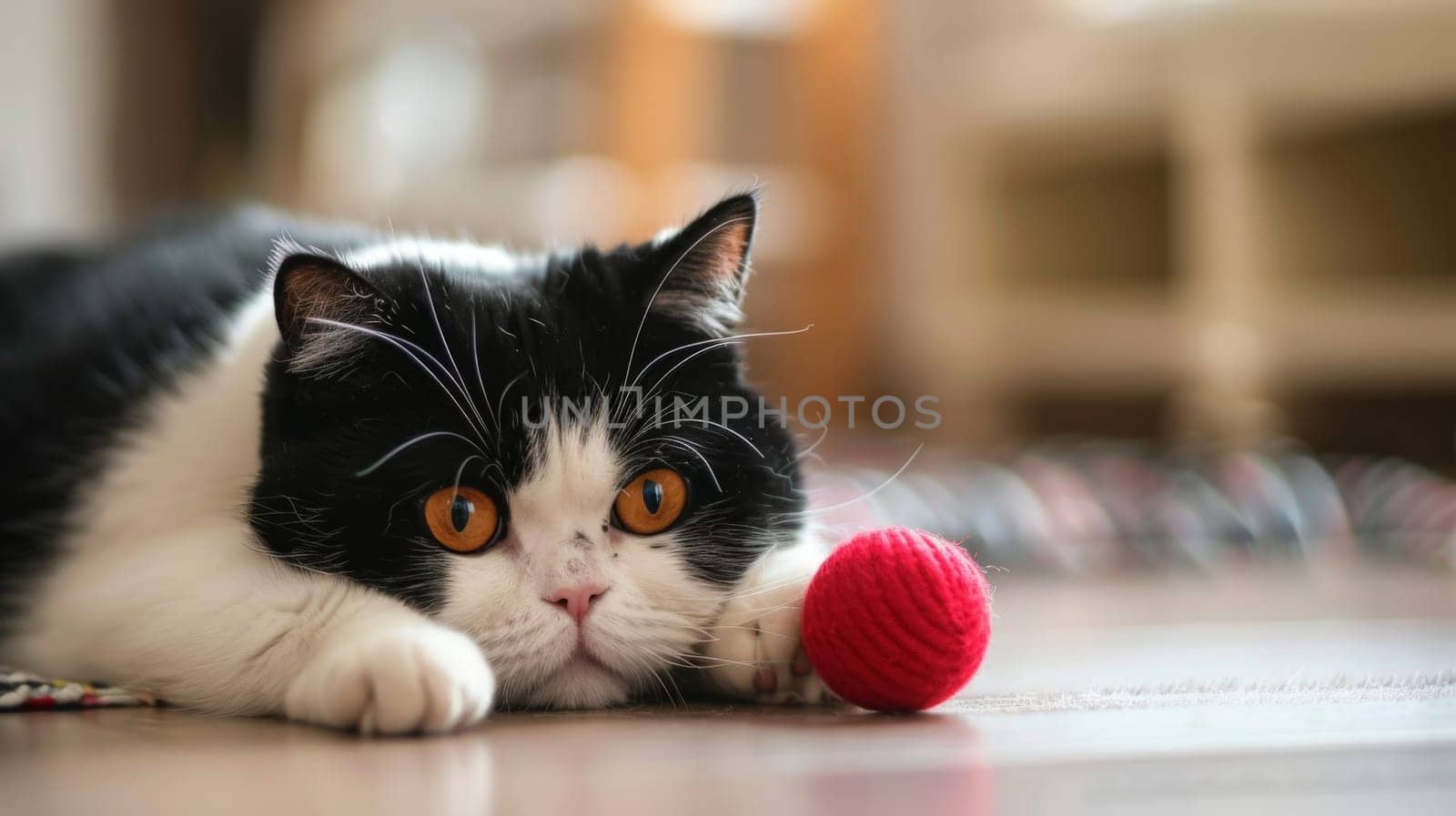 a cat is play with a ball in living room, Cat Playing with Toy by nijieimu