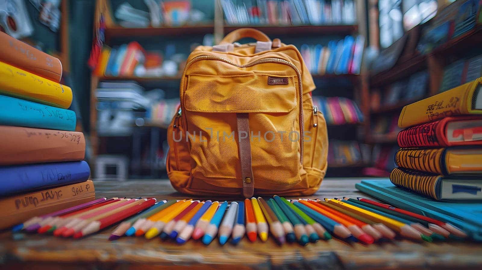 An orange bag made of textile sits on a wooden table in a vibrant city market. Next to it, there is a stack of art books and colored pencils