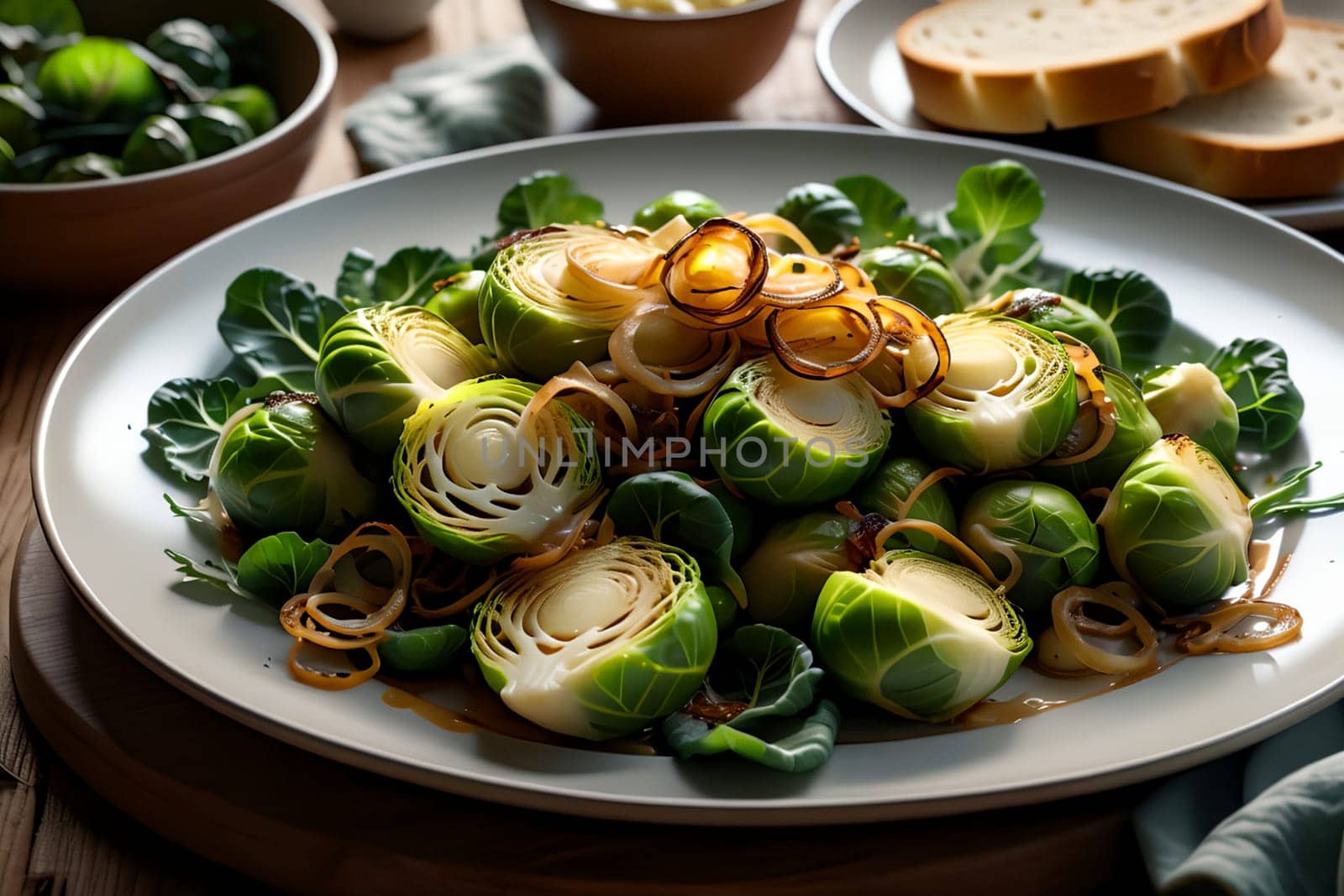 pieces of roasted Brussels sprouts, with fried onion rings