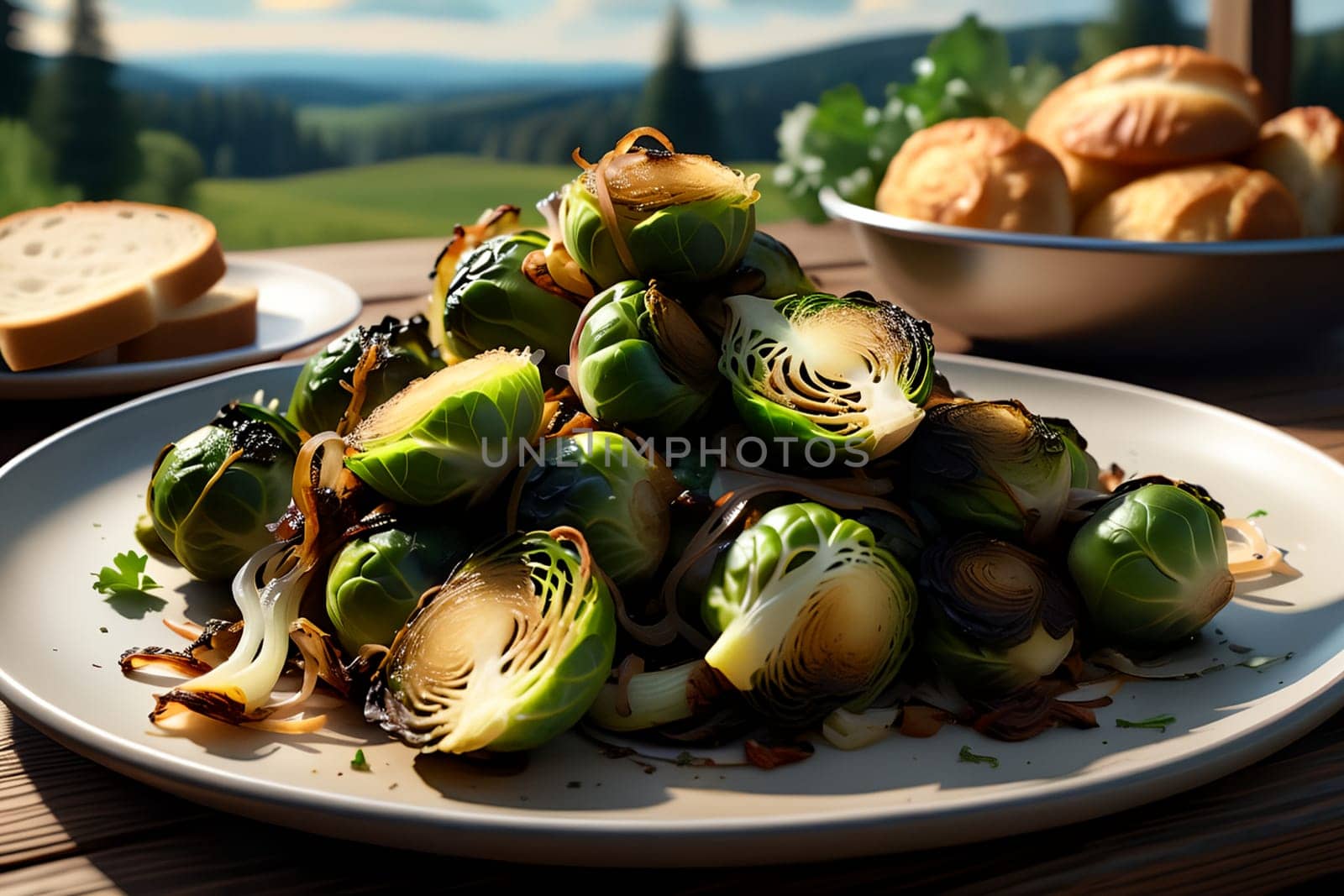 pieces of roasted Brussels sprouts, with fried onion rings
