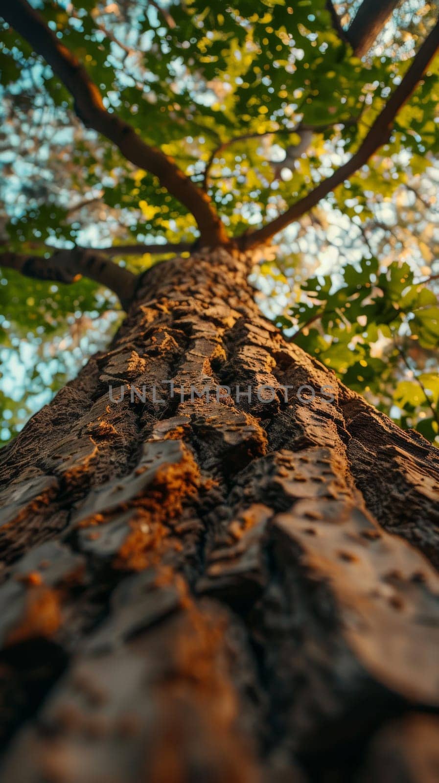 low angle shot photo of a tree, detail and abstract texture of old tree bark.