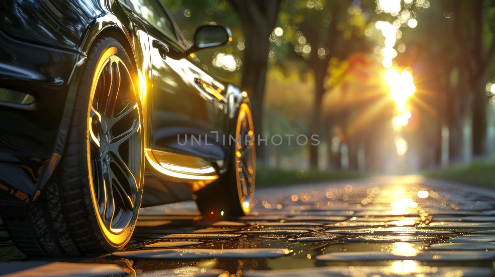 Summer tires on the asphalt road in the sun time for summer tires, car and sunset.