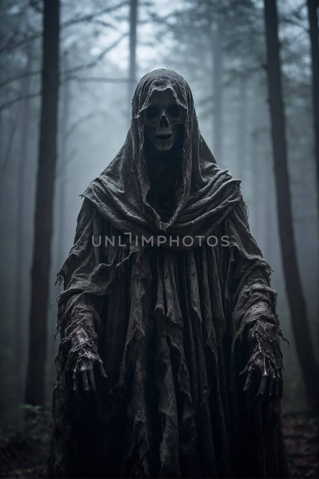 A spectral figure stands amidst the trees in a haunting scene captured deep within the forest.