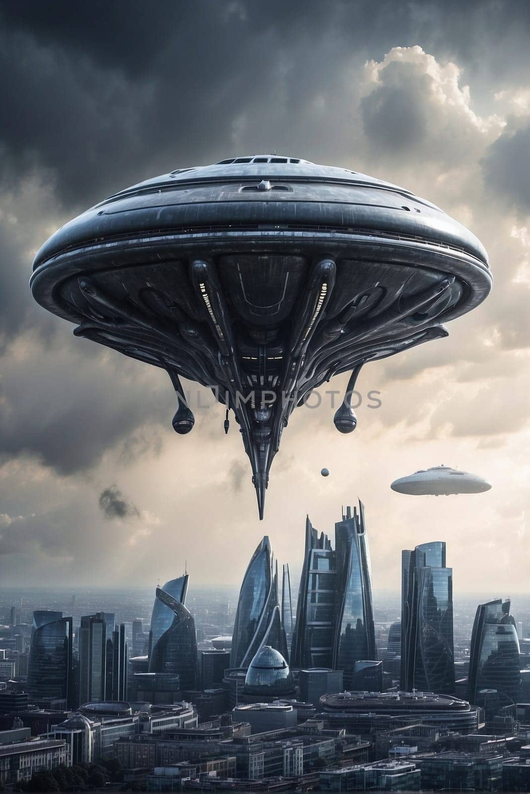 A photograph of a modern, technologically advanced cityscape with a flying saucer hovering in the sky.
