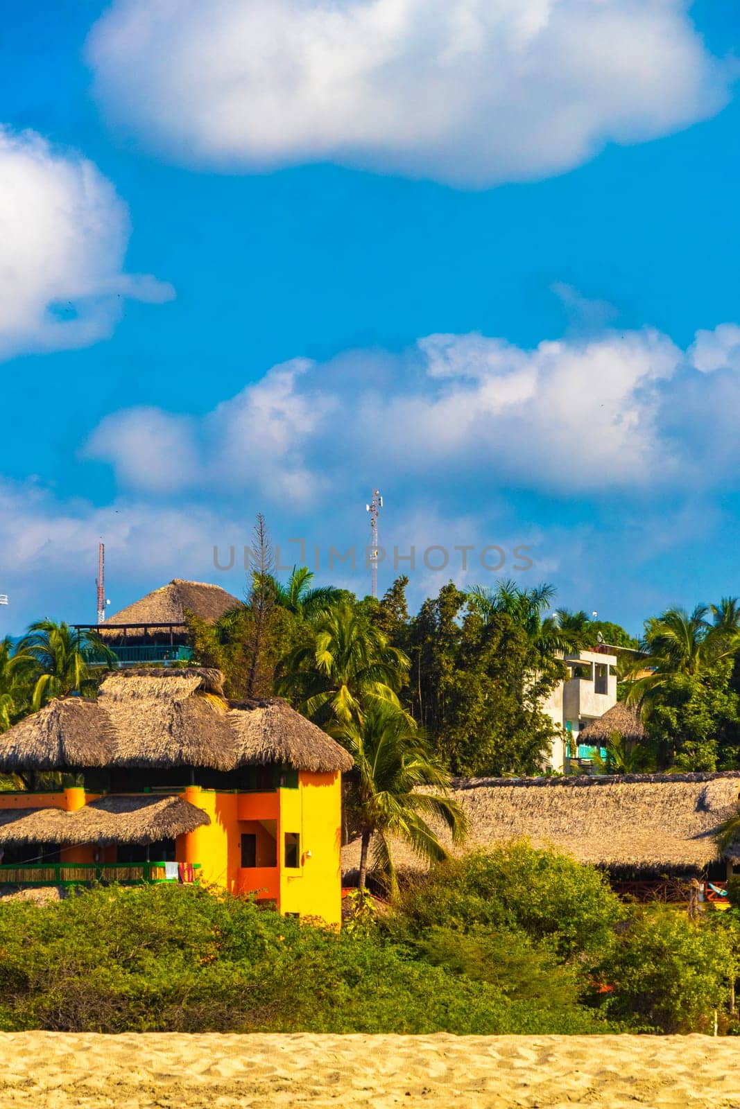 Mountain panorama cliffs rocks hilly tropical landscape beach sky Mexico. by Arkadij