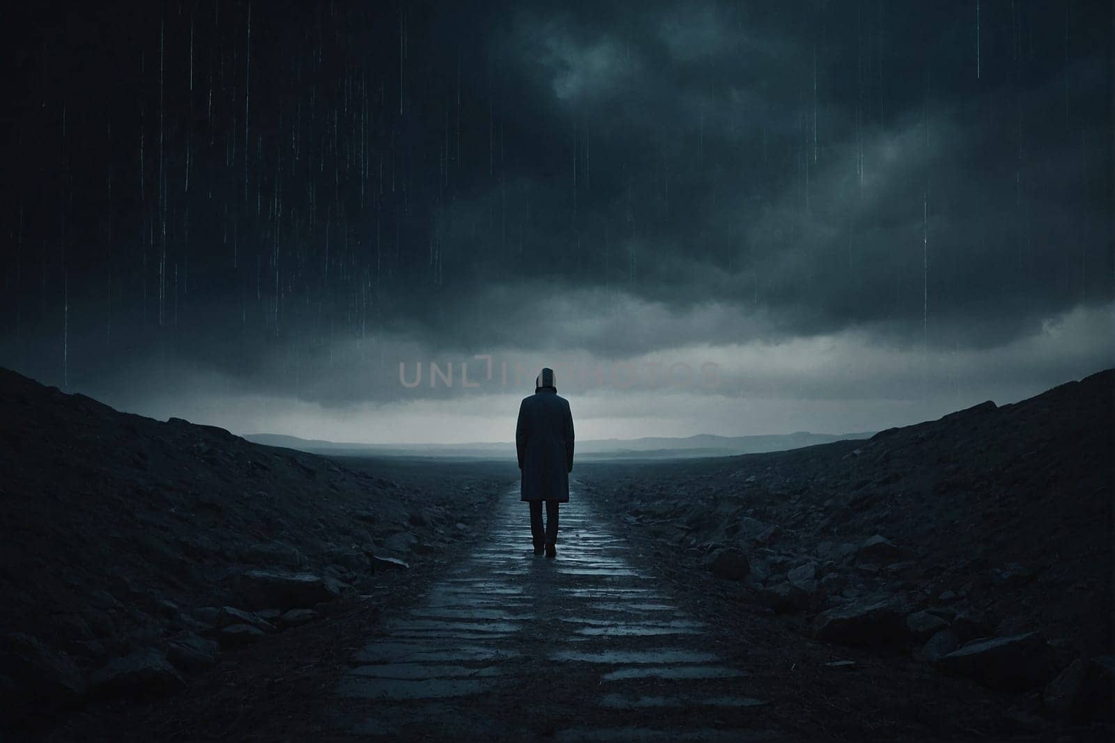 A person stands alone in the middle of a dimly lit road at night, surrounded by darkness.