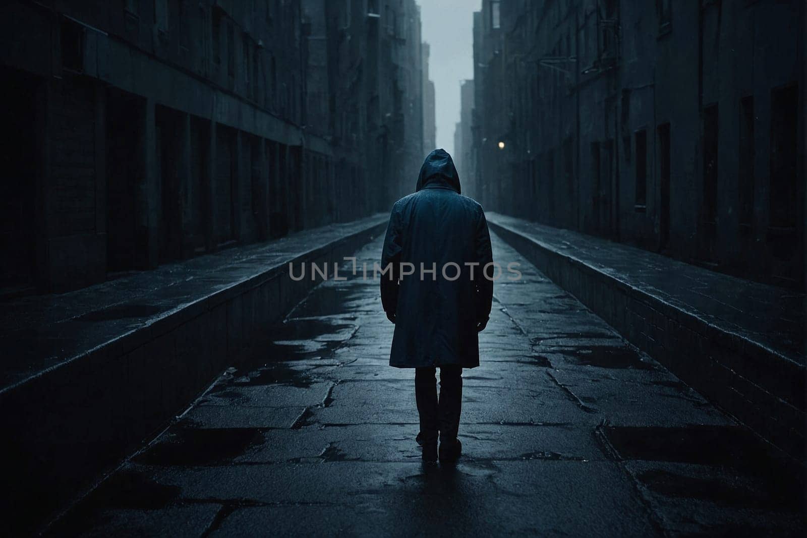 A person walks alone down a dimly lit street at night.