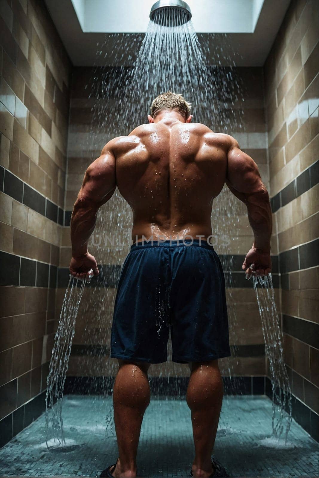A handsome naked muscular man stands in a shower with his back facing the camera, displaying strength and confidence.