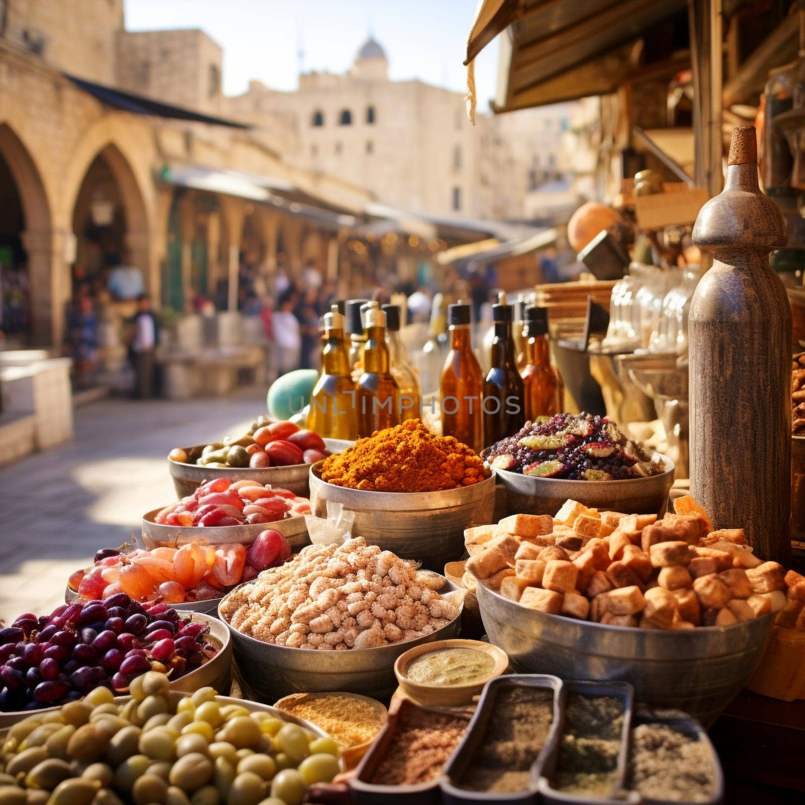 Immerse yourself in the vibrant atmosphere of the bustling marketplace in the Old City of Jerusalem. Witness the harmonious interactions among diverse people from various cultures, religions, and nationalities. Marvel at the historical landmarks such as the golden Dome of the Rock and the magnificent Western Wall that surround the marketplace. Experience the intricate details of the market stalls and indulge in the tantalizing local cuisine. Let the mix of aromas and colors captivate your senses, symbolizing the rich cultural tapestry and religious diversity of Jerusalem. This image showcases the sense of community, spirituality, and awe-inspiring heritage that make this city an extraordinary destination. Get ready to embark on a visual journey that sparks conversations about the beauty and significance of Jerusalem's ancient wonders.