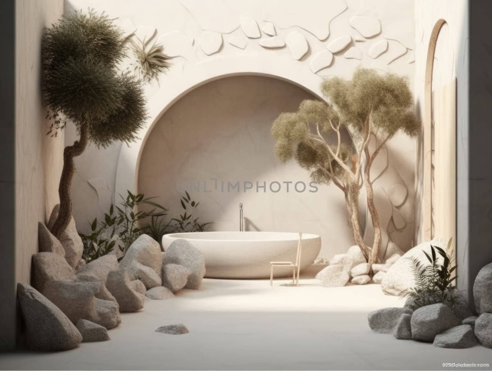 Bathtub on sand background. Display with sunshade and shadow on the dessert background. Generative AI