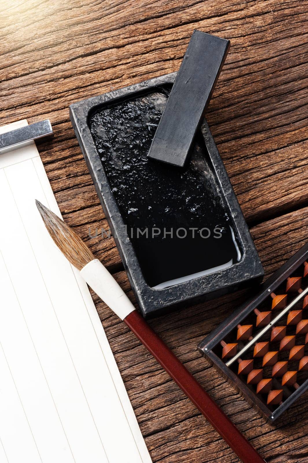 closeup traditional writing brush on the desktop, Japanese writing brush, Chinese writing brush